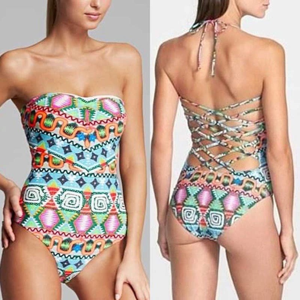 Mara Hoffman Astrodreamer Lattice Lace-Up Back One Piece Swimsuit $246 Size L
